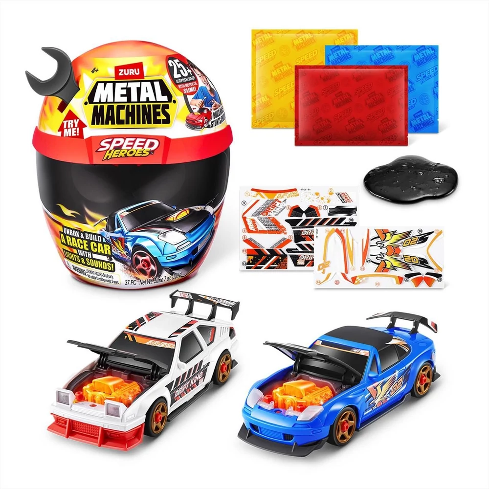 Metal Machines Speed Heroes meglepetés játékszett bukósisakban, 2 db kisautóval