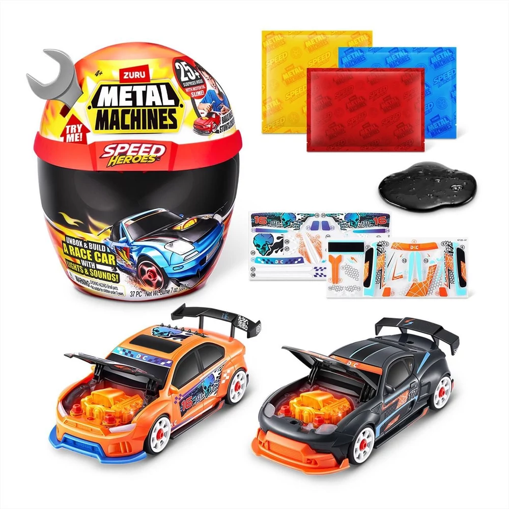 Metal Machines Speed Heroes meglepetés játékszett bukósisakban, 2 db kisautóval