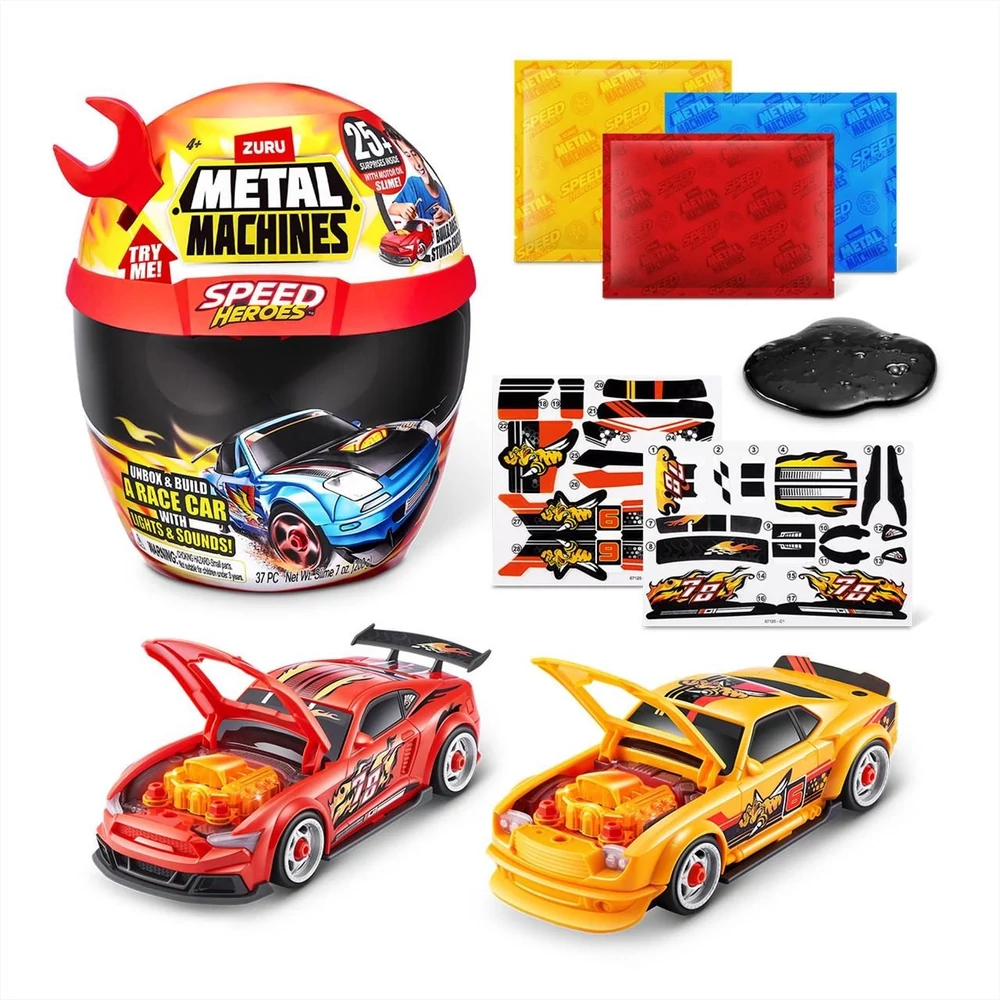 Metal Machines Speed Heroes meglepetés játékszett bukósisakban, 2 db kisautóval