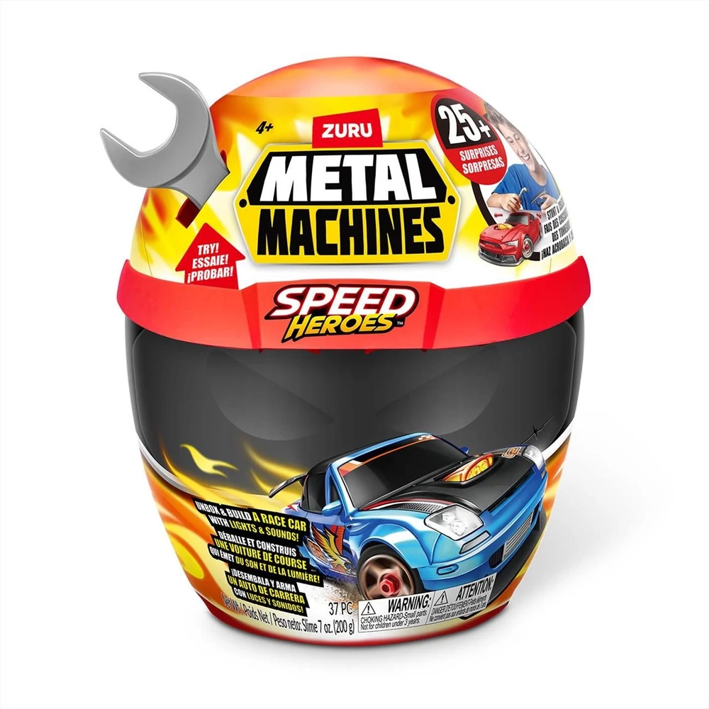 Metal Machines Speed Heroes meglepetés játékszett bukósisakban, 2 db kisautóval