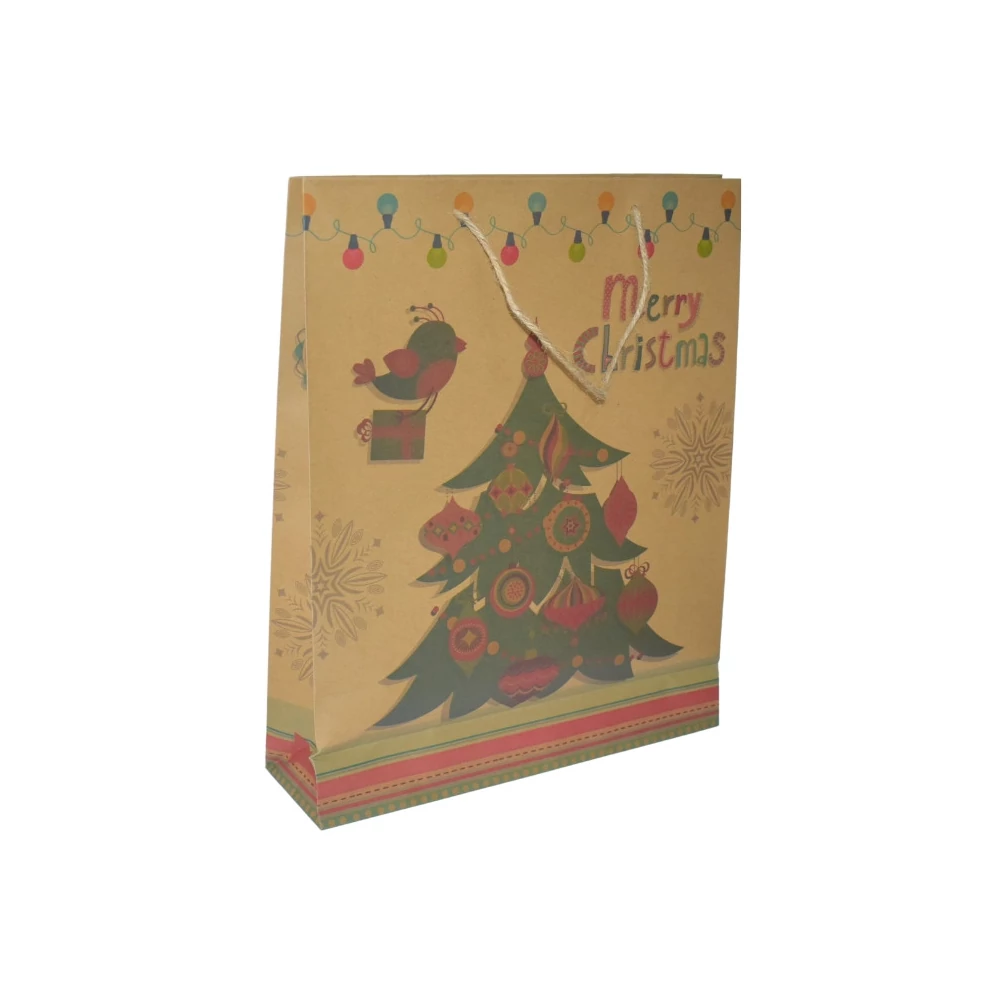 Ajándéktasak - nagy (bézs alapon, Merry Christmas felirat zöld fenyővel)