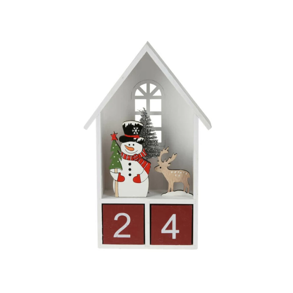 Dekorációs figura, adventi naptár (fehér házikóban hóember, piros számkockákkal)