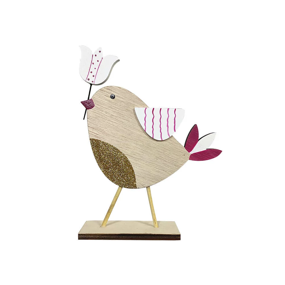 Húsvéti dekorációs figura (madárka, csőrében virág, natúr-pink)