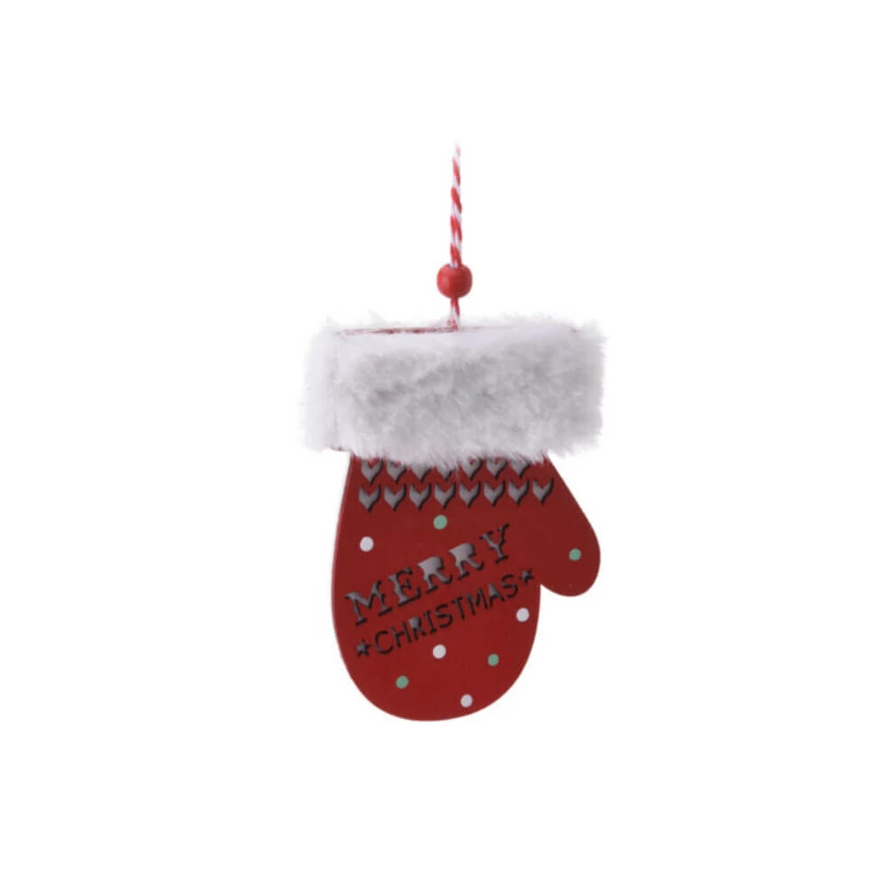 Karácsonyi dekorációs figura, piros (kesztyű Merry Christmas felirattal)