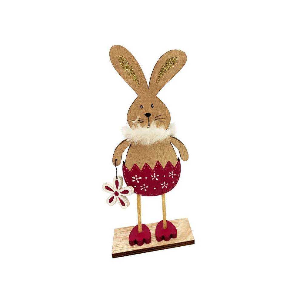 Húsvéti dekorációs figura (nyuszi tojás nadrágban, kezében virág, natúr-pink)