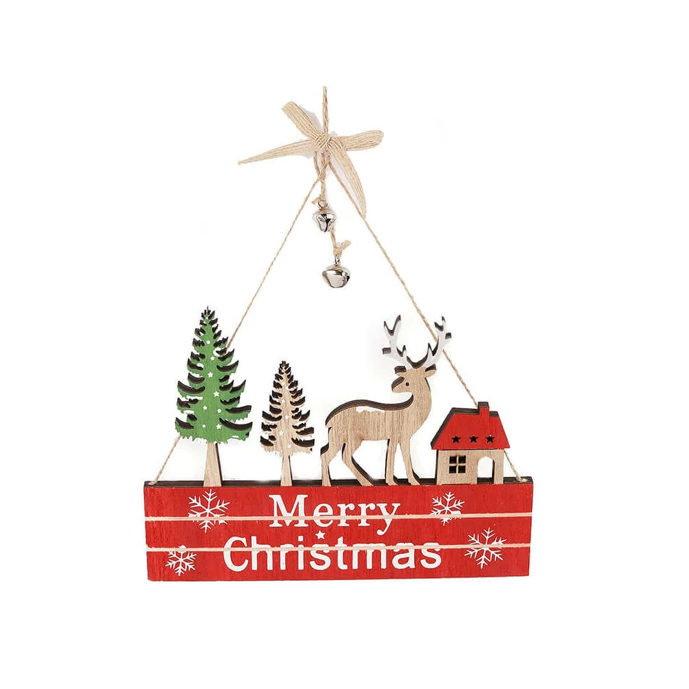 Ajtódísz (Merry Christmas felirat piros tetős házikóval, rénszarvassal)