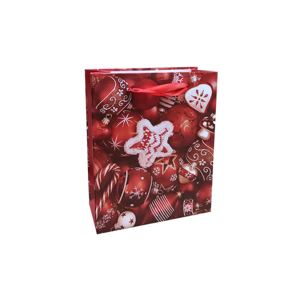 Ajándéktasak - kicsi (piros karácsonyfa díszek)
