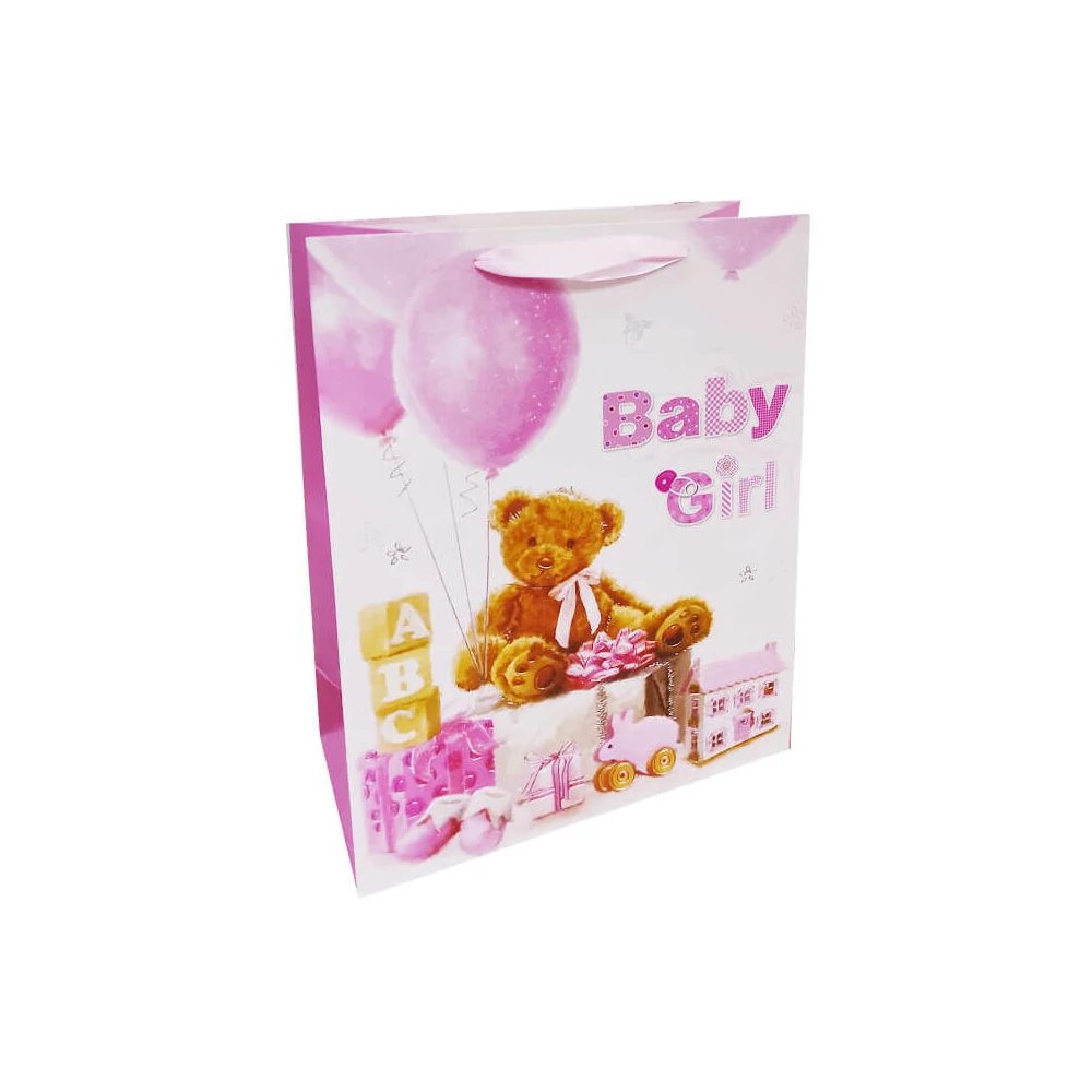Ajándéktasak - közepes (Baby Girl, maci rózsaszín lufival)