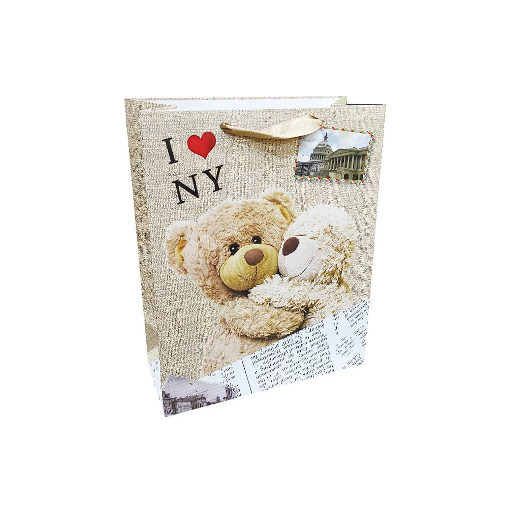 Ajándéktasak - közepes (bézs alapon 2 maci, I LOVE NEW YORK felirattal)