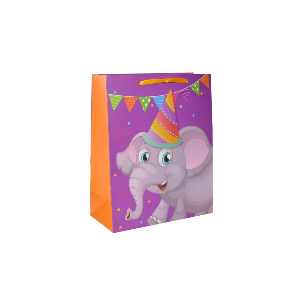 Ajándéktasak - közepes (lila, elefánt party sapkában)