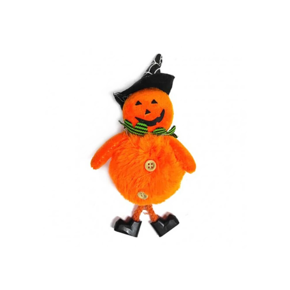 Halloween dekorációs figura (narancssárga tök boszorkány fekete sapkában zöld sállal)