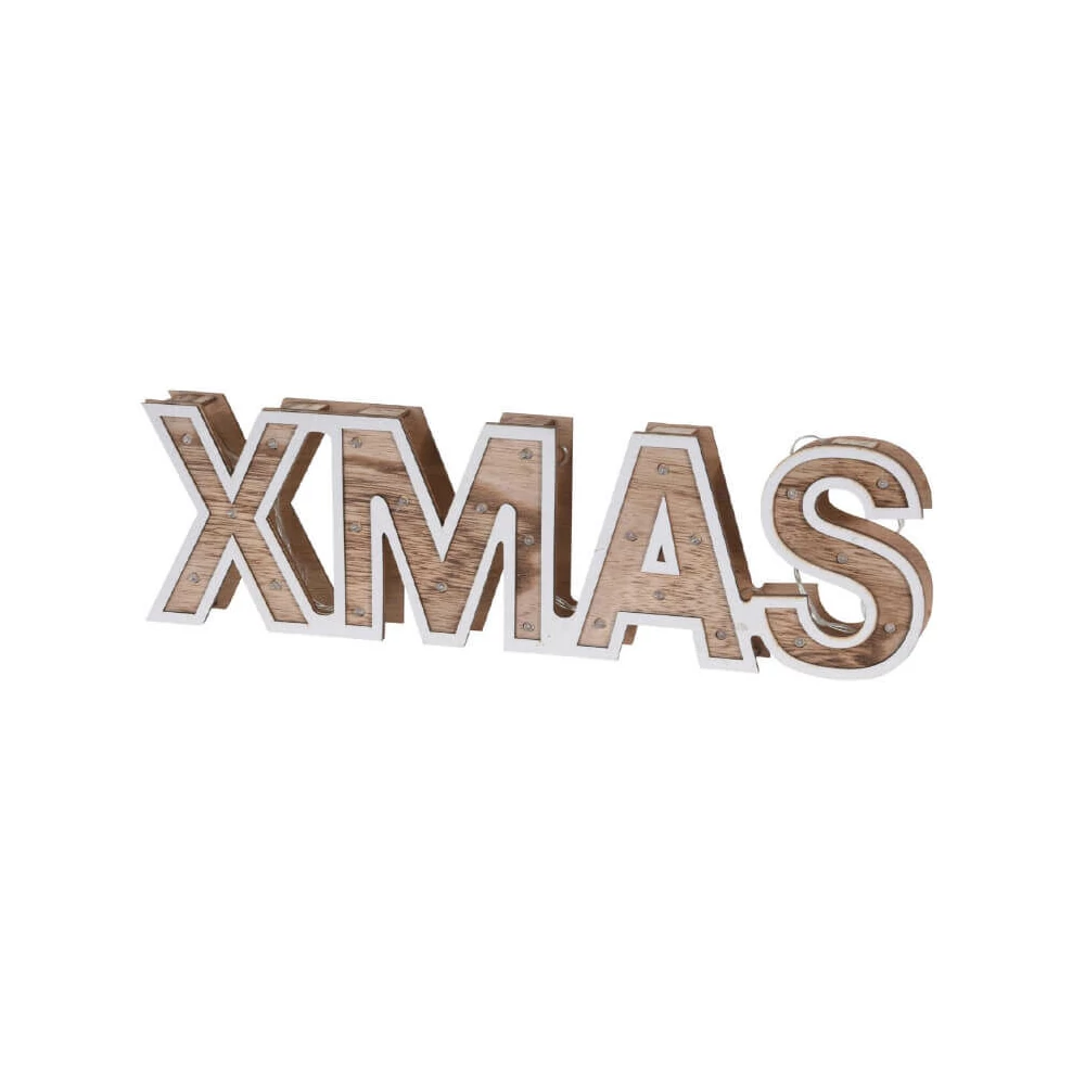 Karácsonyi dekoráció LED világítással natúr színben (XMAS felirat fehér körvonallal)