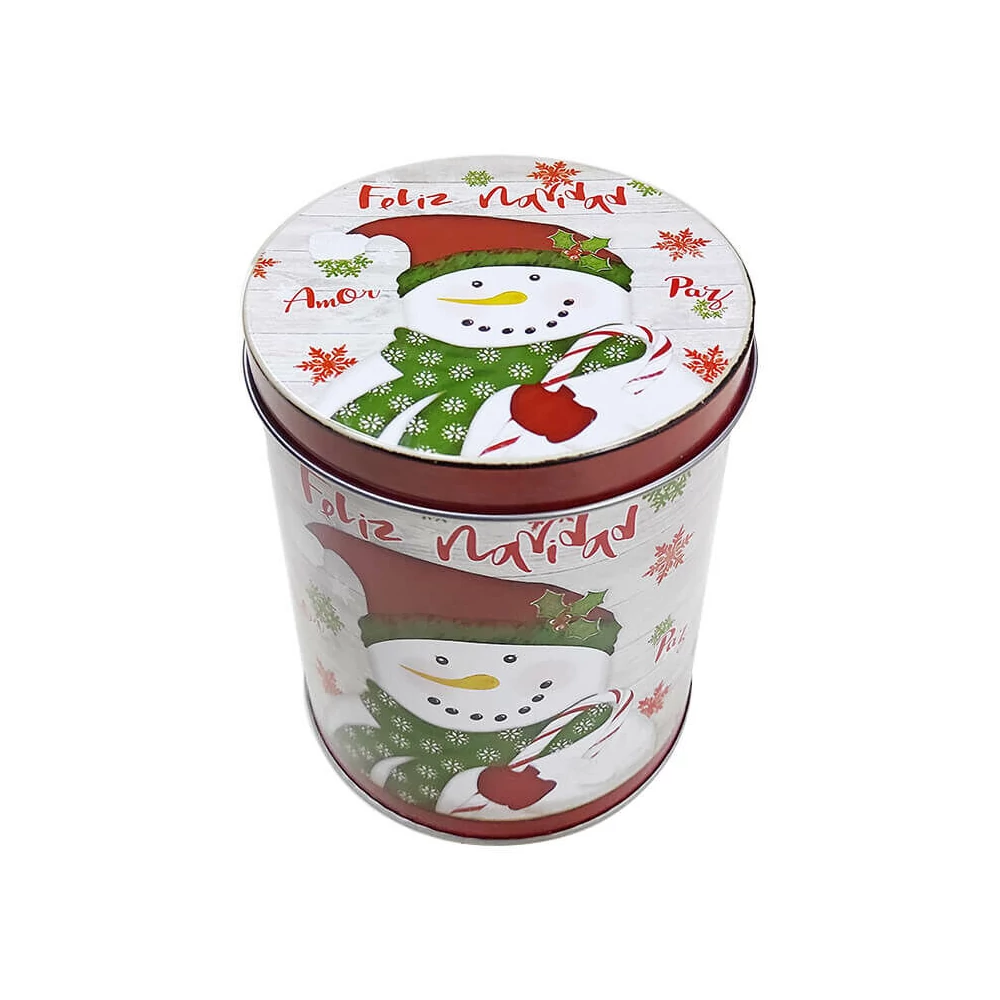 Karácsonyi fém díszdoboz, kör alapú (hóember)