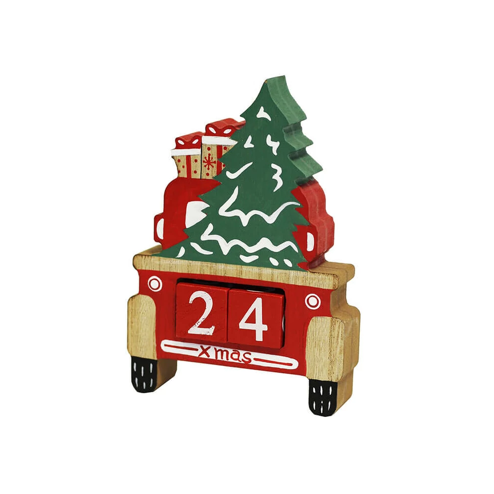 Adventi naptár (piros-natúr színű autó fenyőfával, ajándékokkal, Xmas felirattal)