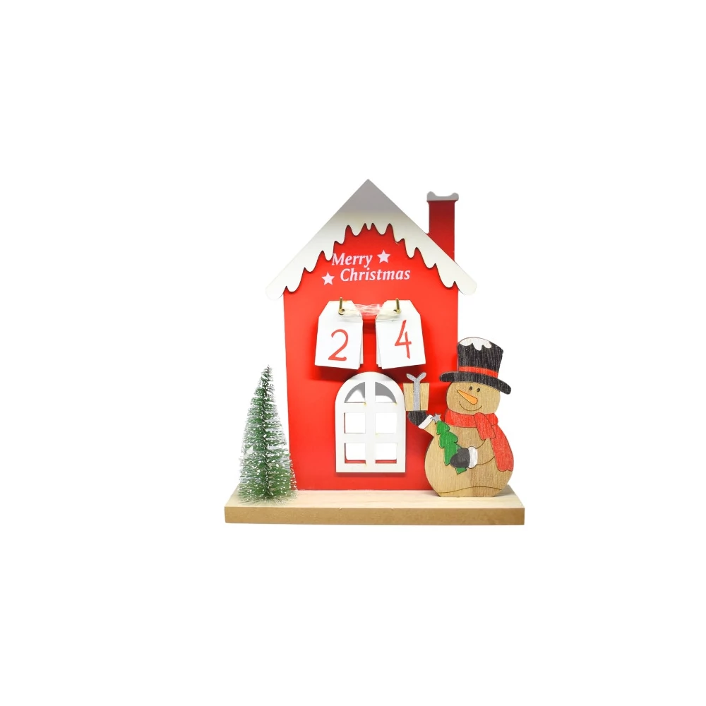 Adventi naptár - piros házikó hóemberrel és fenyővel
