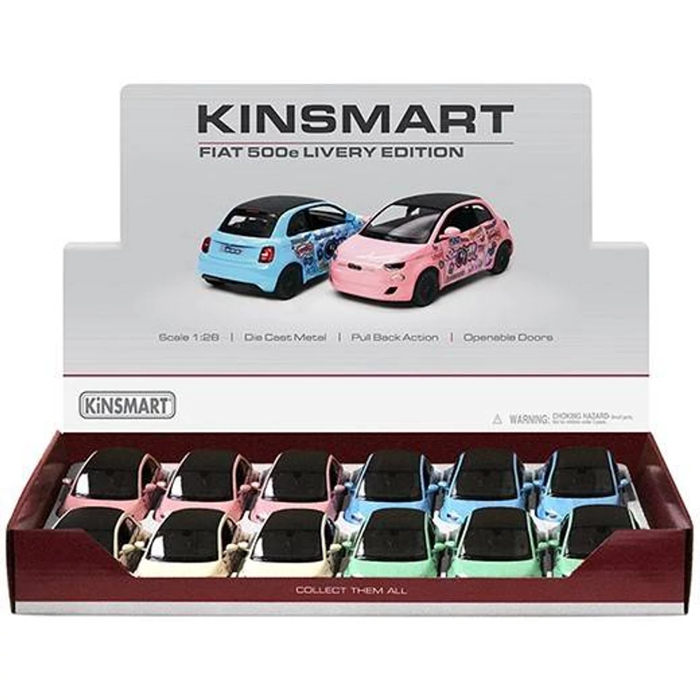 Kinsmart Fiat 500e Livery Edition fém autó nyitható ajtókkal 1:28 (többféle)