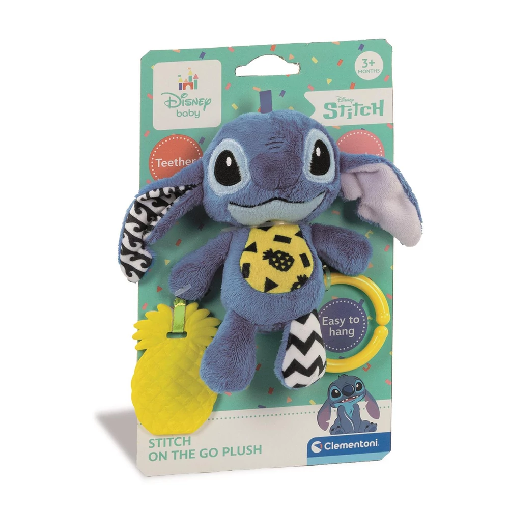 Bébi csörgõ, rágóka, Stitch, Disney, akasztóval, 15x25 cm lapon