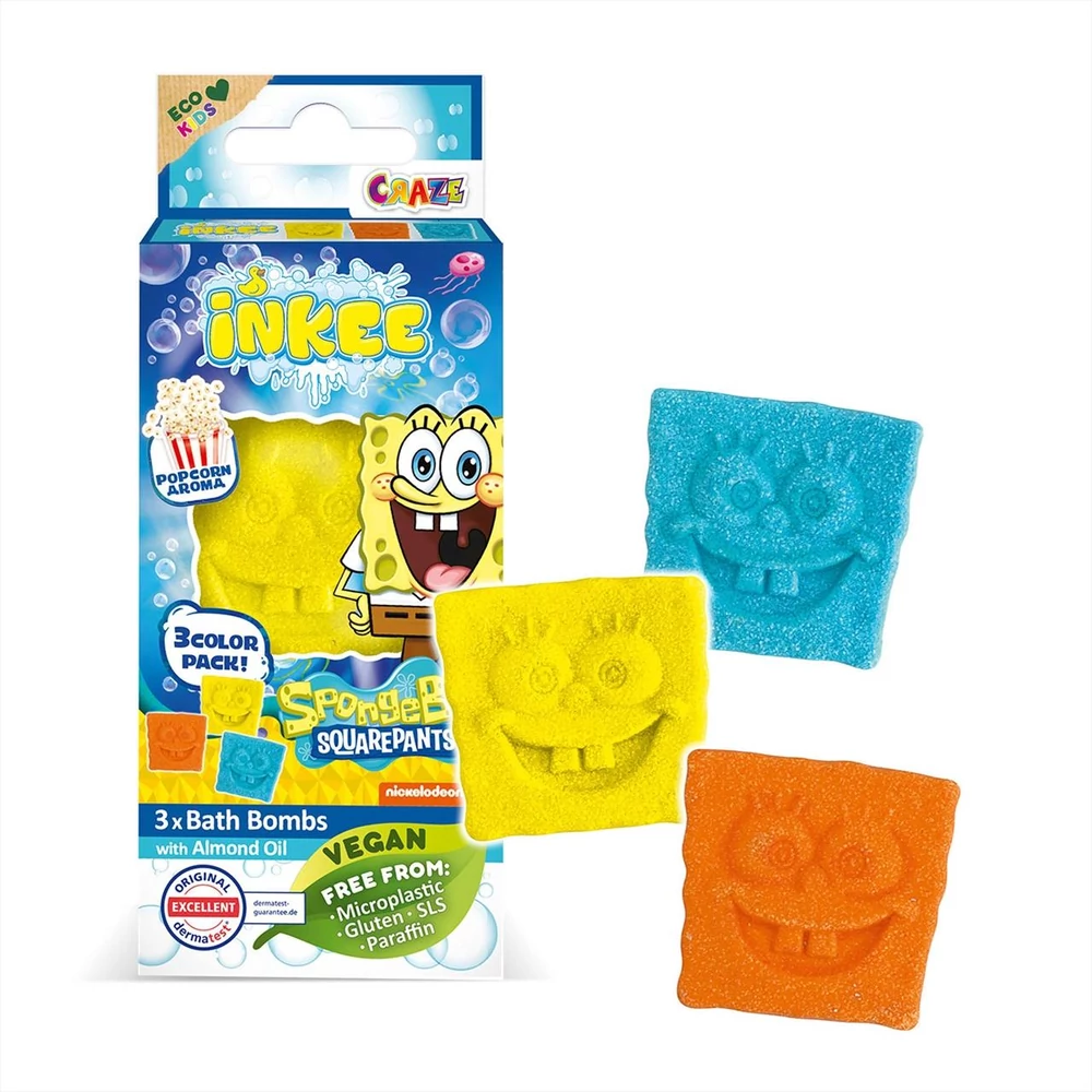 Craze Inkee vegán fürdő bomba forma - Spongya Bob popcorn aromával, 3db-os