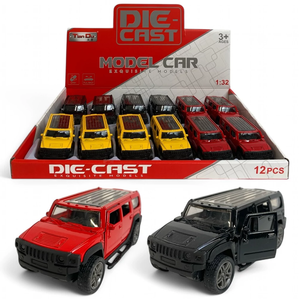 Fém autó, hátrahúzós, ajtónyitós, jeep, Hummer szerû, 3 szín, 11 cm, 12/disp.