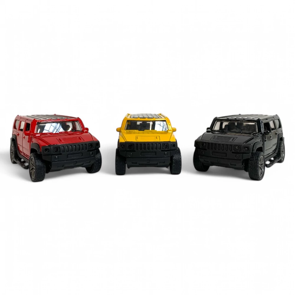 Fém autó, hátrahúzós, ajtónyitós, jeep, Hummer szerû, 3 szín, 11 cm, 12/disp.