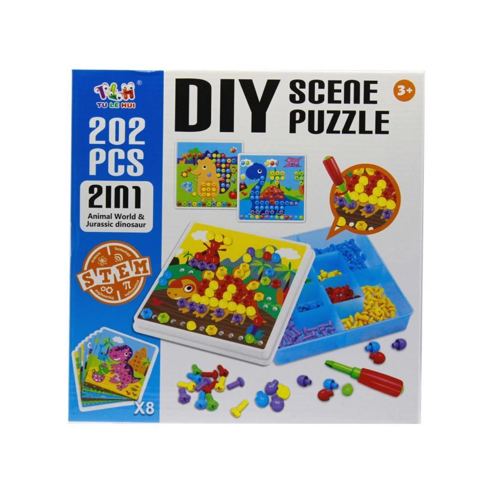 Pötyi építõ klt., szerelõs, puzzle, 2 az 1 ben, 8 féle, tároló, 202 db, 26x26 cm dob.