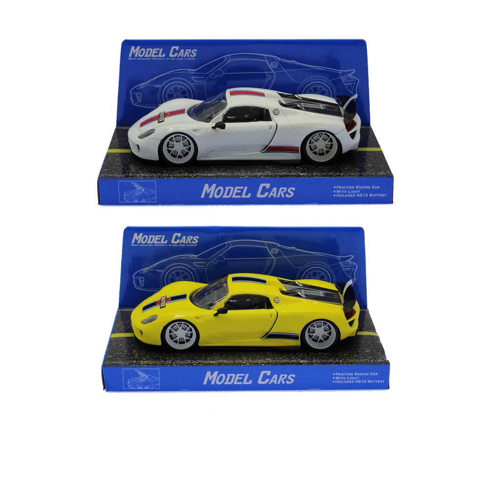 Autó, 'Porsche', el., vil., 2 szín, 32x14 cm (2 féle csom.) hátfalas plf. és dob. gombel.
