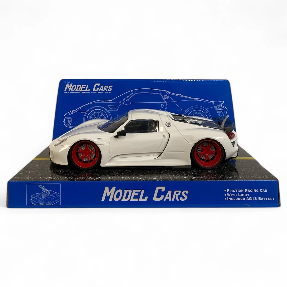 Autó, 'Porsche', el., vil., 2 szín, 32x14 cm (2 féle csom.) hátfalas plf. és dob. gombel.