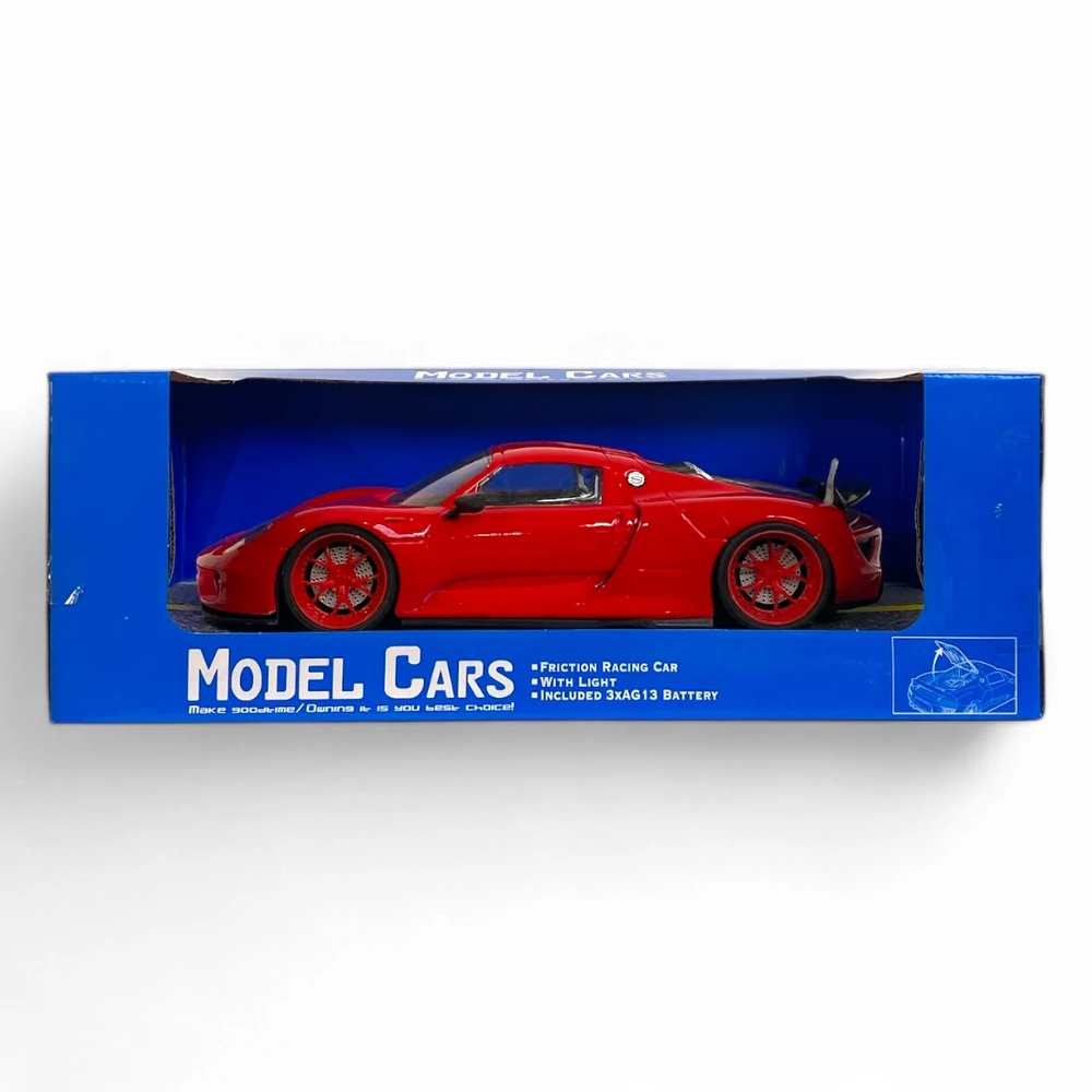 Autó, 'Porsche', el., vil., 2 szín, 32x14 cm (2 féle csom.) hátfalas plf. és dob. gombel.