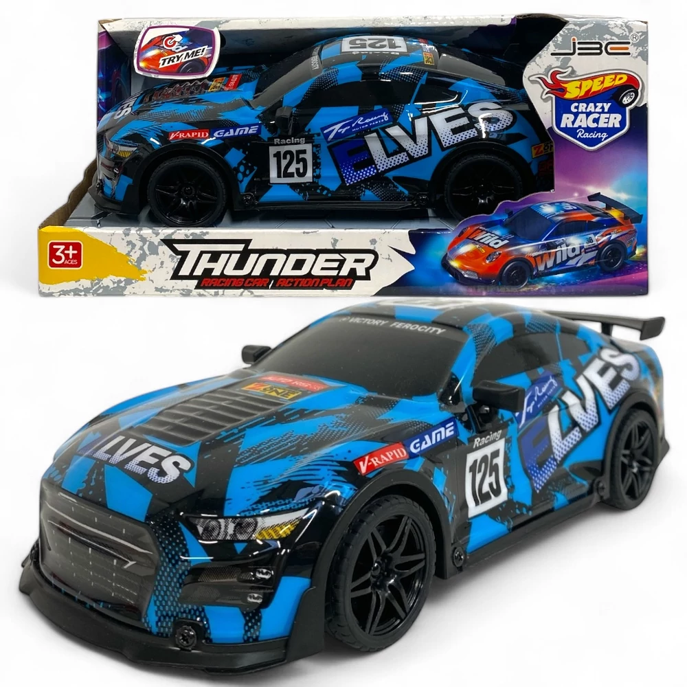 Autó, el., motorhang,+fény, lend., fóliatestû, 2 szín, 28x14 cm dob. Gombel.