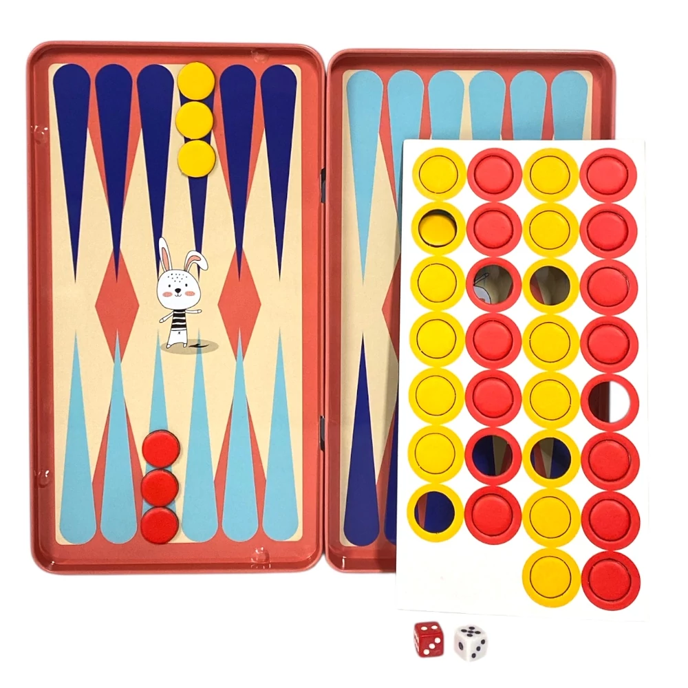 Backgammon, mágneses, társasjáték, 10x19 cm fém dobozban