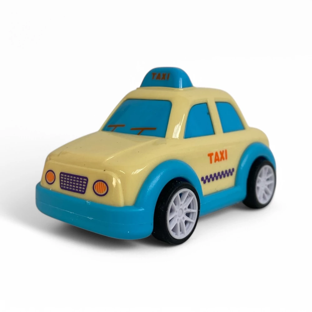 Bébi autó, taxi, hátrahúzós, 3 szín, 8 cm, 12/disp.