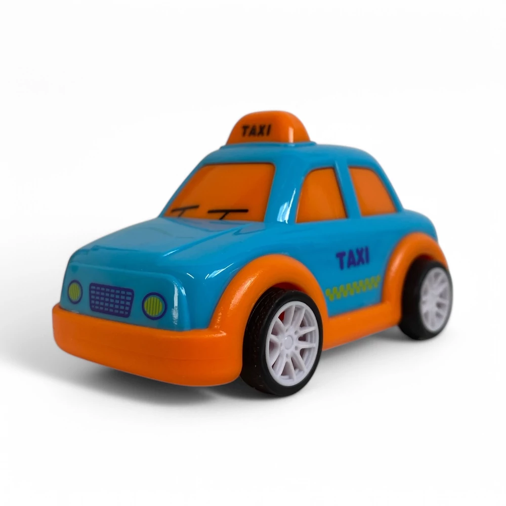 Bébi autó, taxi, hátrahúzós, 3 szín, 8 cm, 12/disp.