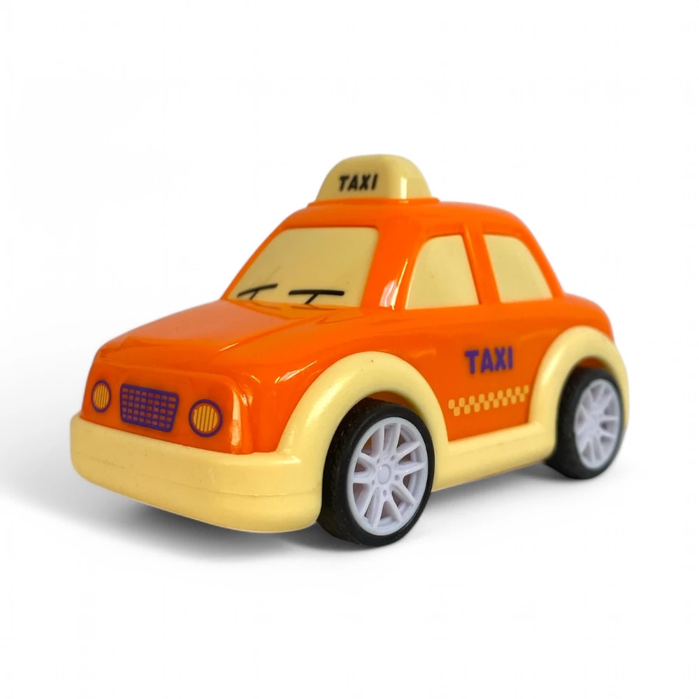 Bébi autó, taxi, hátrahúzós, 3 szín, 8 cm, 12/disp.