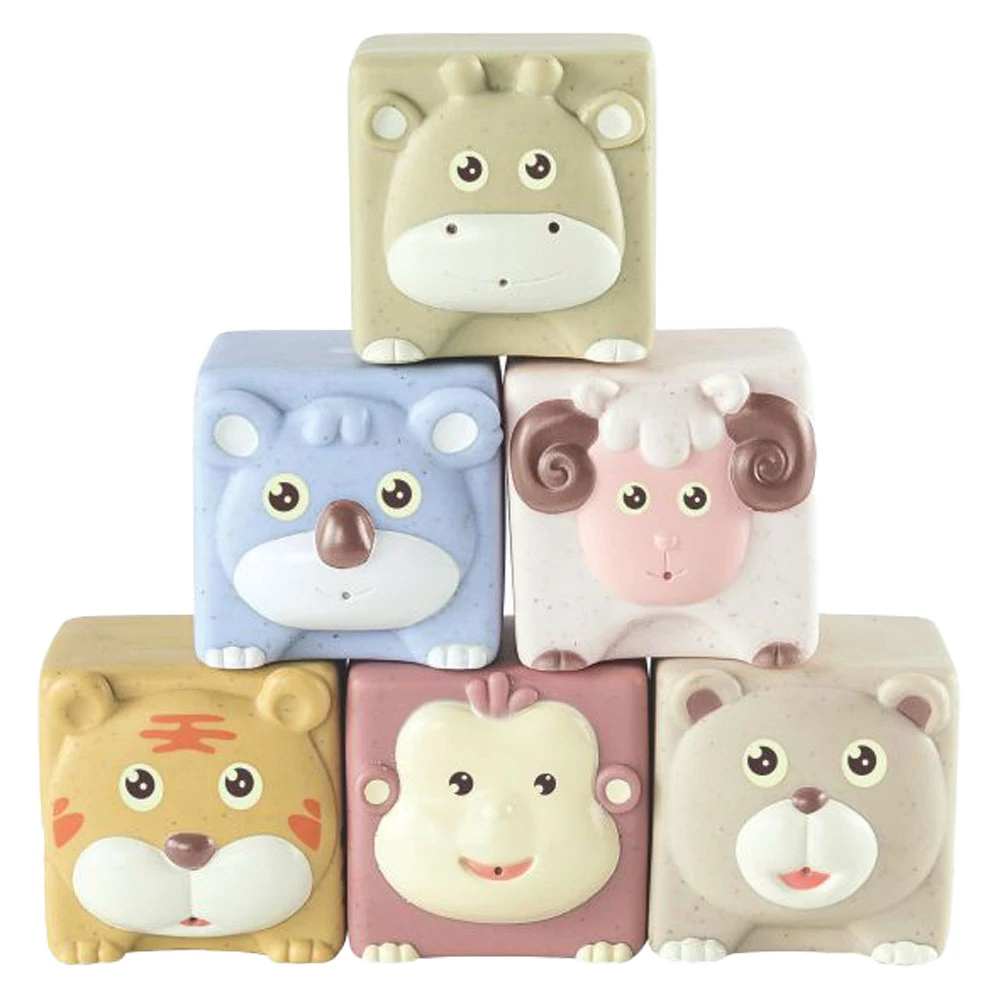 Bébi kocka klt., állatfejes, soft, vinyl, 6 db, 2 féle, 11x16 cm hálós