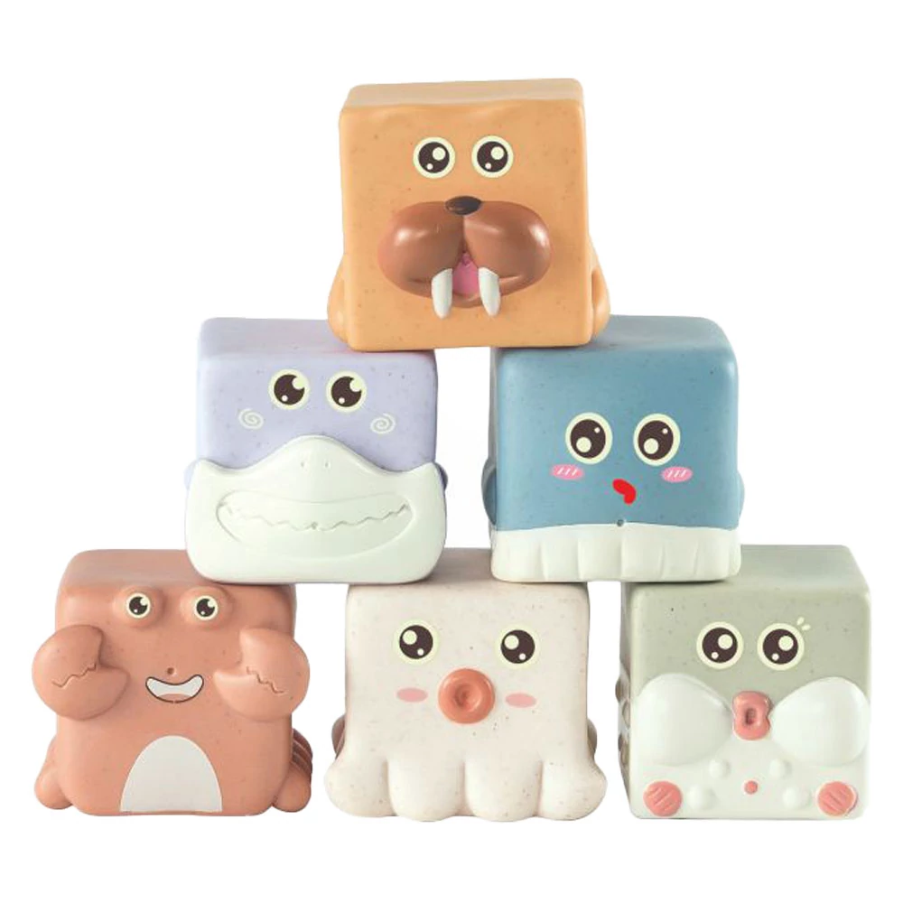 Bébi kocka klt., állatfejes, soft, vinyl, 6 db, 2 féle, 11x16 cm hálós
