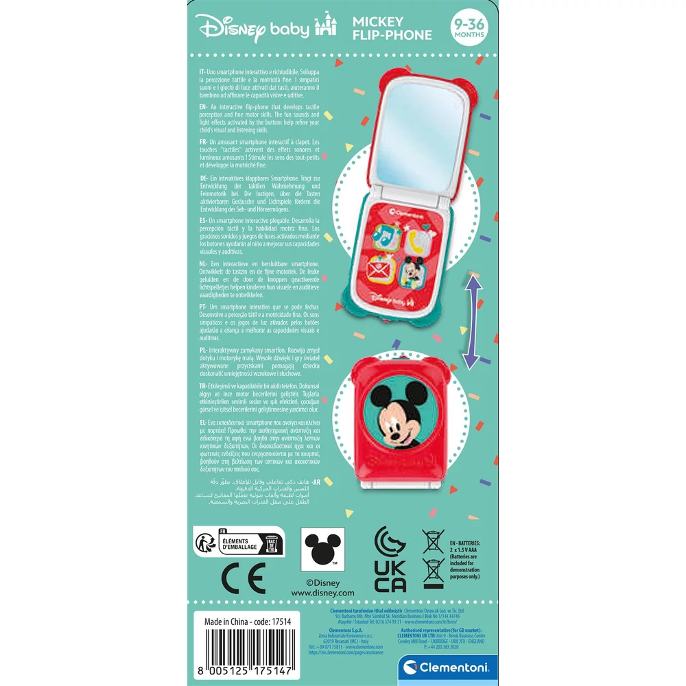 Bébi mobiltelefon, el., hang+fény, érintõképernyõs, kihajtható, Disney, Mickey, 10x22 cm dob.