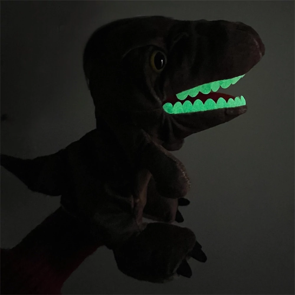 Plüss kézibáb, sötétben vil., dínó, T-Rex, 25x15 cm