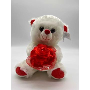 Plüss maci 30 cm  "I LOVE" feliratú virágcsokorral, fehér