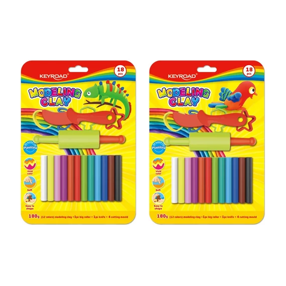 Keyroad Gyurmakészlet 180g műanyag késsel és nyújtóval 12 db/bliszter  vegyes színek (KR971779)