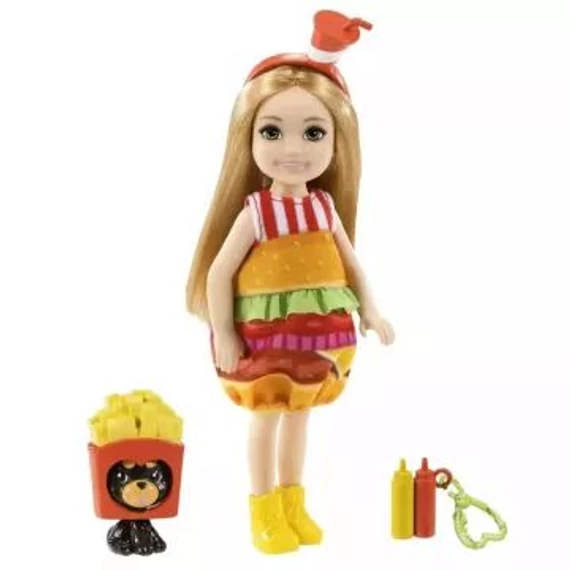 Barbie Chelsea Club: Szőke hajú baba hamburger jelmezben kutya figurával