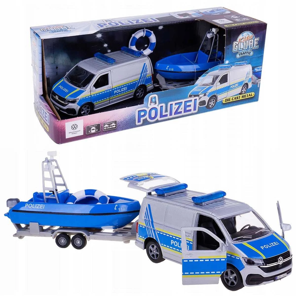 Kids Globe Volkswagen T6 rendőrautó hajóval 29 cm